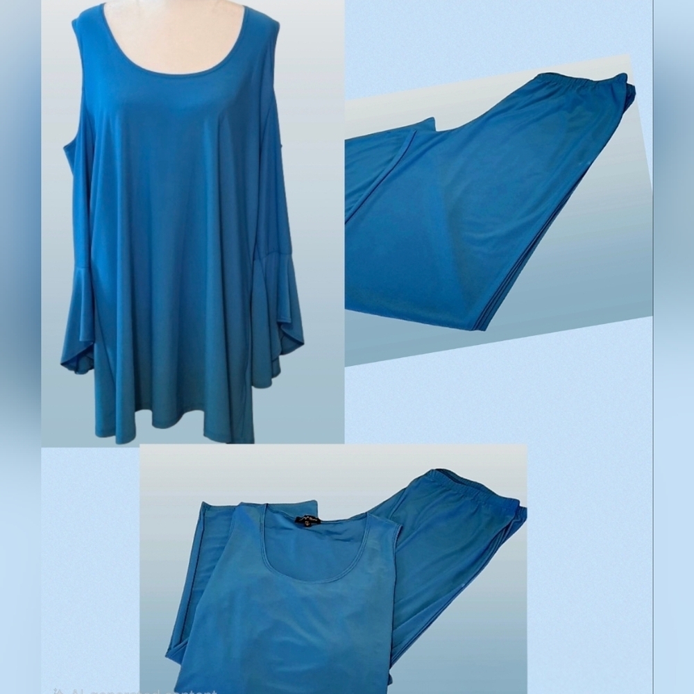📣 Slinky Brand Set Tunic 💙 Blouse Cold Shoulder Elastic Pants👖 XL NWOT 😍 🆕